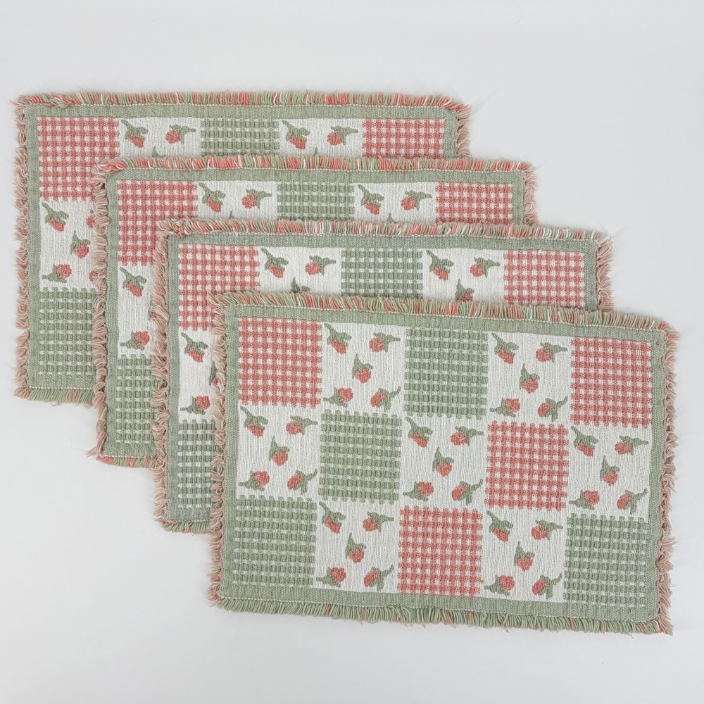 Vintage Style Woven Rosebud Patchwork Placemats Sage Green Pink Set of 4